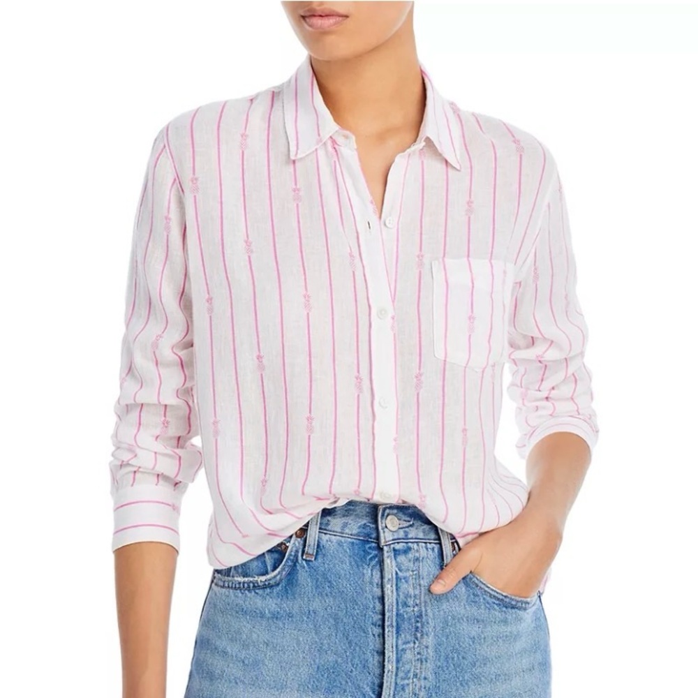 NEW RAILS Charli Pineapple  island embroidery button down in white pink Large L